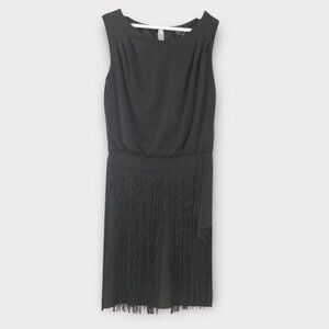 Black Fringe Cocktail Dress Sleeveless Tassel Hem Party Evening Sash Detail Sz 4